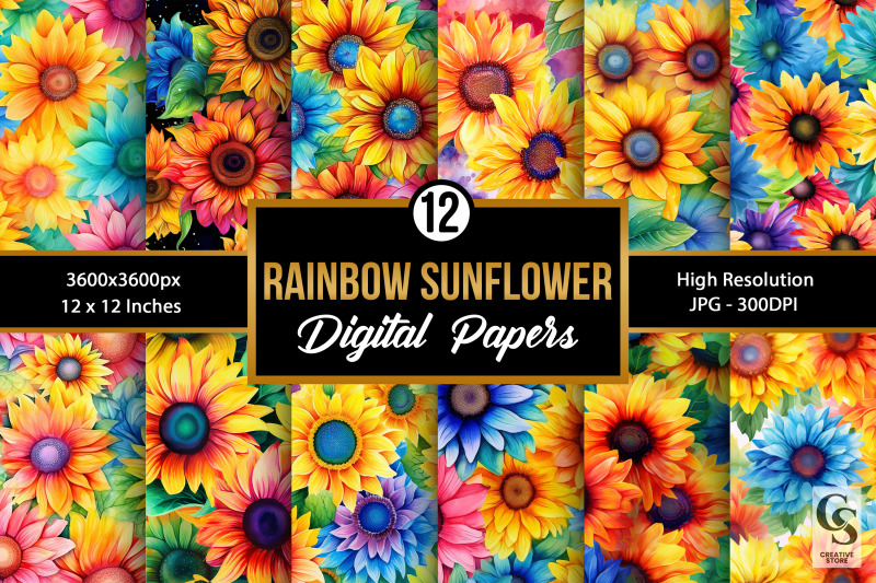 watercolor-rainbow-sunflowers-seamless-patterns