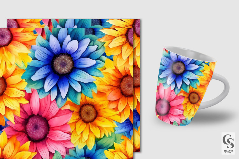 watercolor-rainbow-sunflowers-seamless-patterns