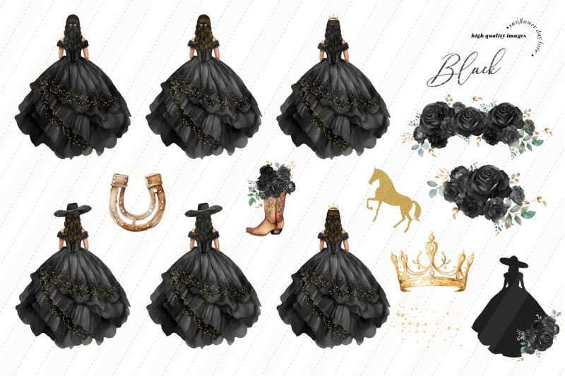 black-princess-charro-boots-clipart-quinceaera-flowers