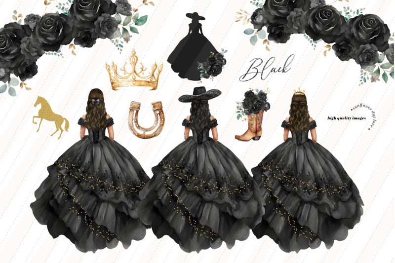 black-princess-charro-boots-clipart-quinceaera-flowers