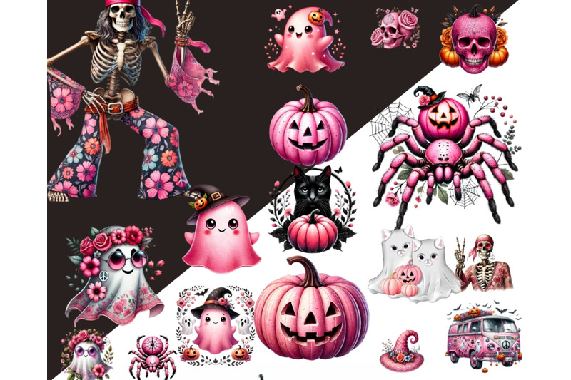 hippie-halloween-retro-png-bundle-pink-hippie-van-skeletons-ghosts