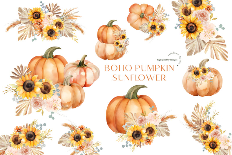 boho-pumpkin-sunflowers-pampas-grass-clipart-dried-palm-leaf