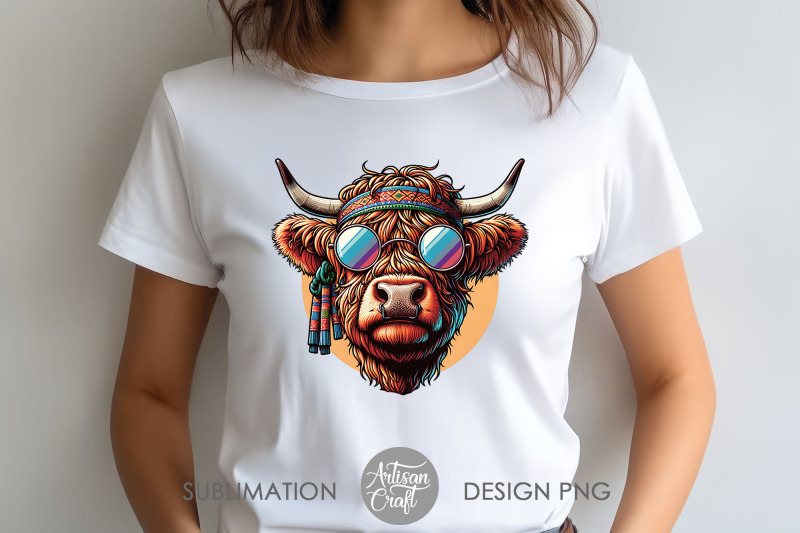 hippie-highland-cow-hippie-cow-png-round-sunglasses