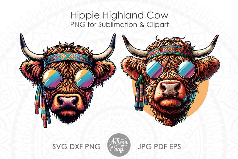 hippie-highland-cow-hippie-cow-png-round-sunglasses