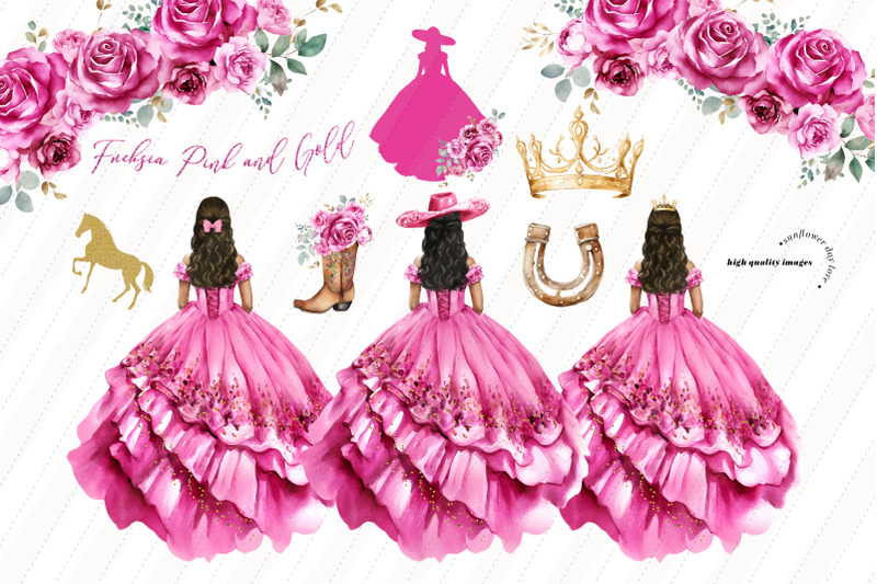 fuchsia-pink-princess-gold-crown-boots-clipart-pink-quinceaera