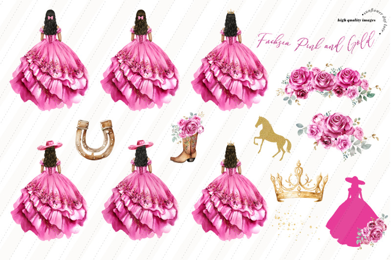 fuchsia-pink-princess-gold-crown-boots-clipart-pink-quinceaera