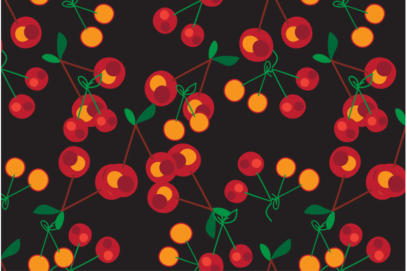 cherry-seamless-pattern-red-green-on-black-background-botanical-outl