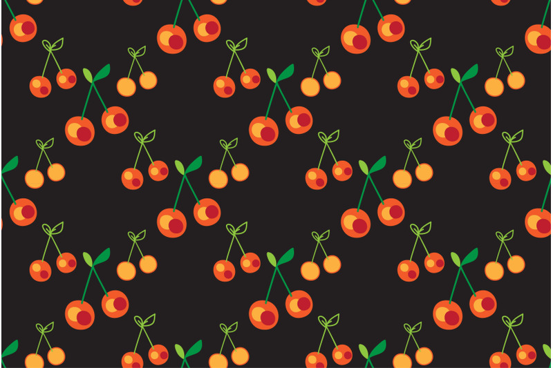 cherry-seamless-pattern-red-green-on-black-background-botanical-outl