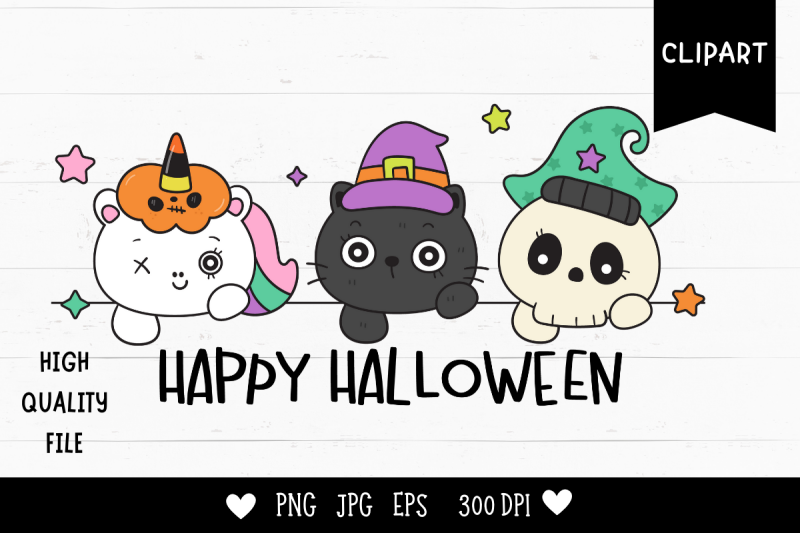 halloween-cartoon-cat-unicorn-and-skull-kawaii-clipart