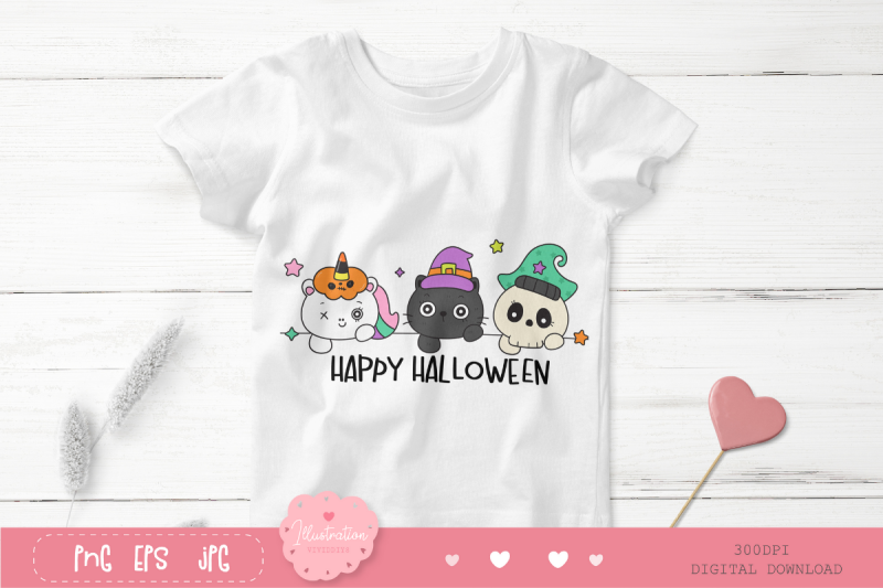 halloween-cartoon-cat-unicorn-and-skull-kawaii-clipart