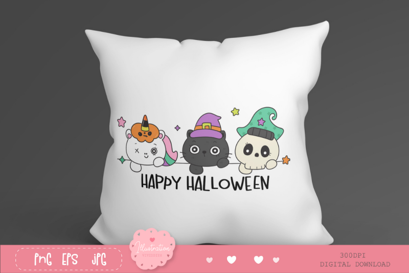 halloween-cartoon-cat-unicorn-and-skull-kawaii-clipart