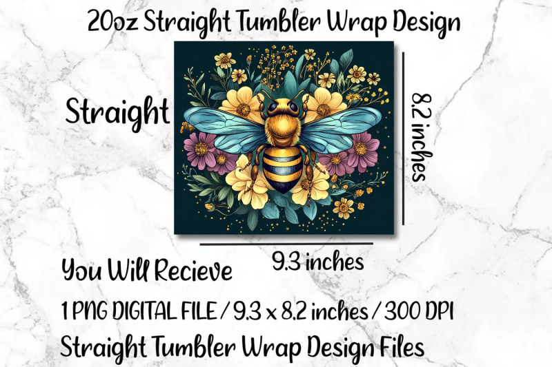 floral-bumble-bee-20oz-skinny-tumbler-wrap-sublimation-design