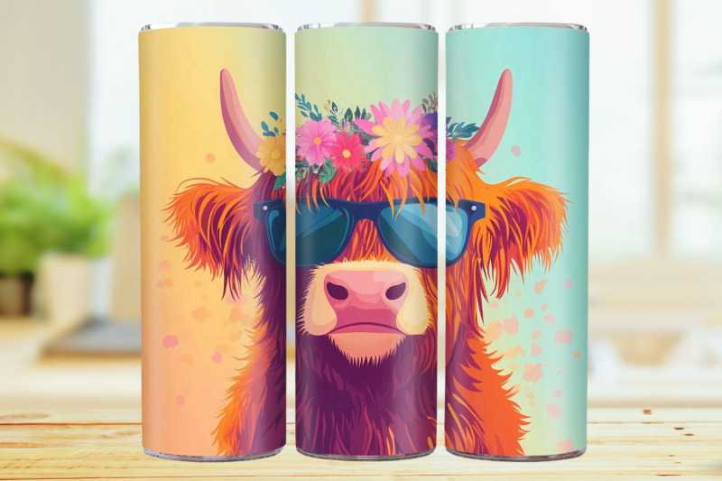 colorful-highland-cow-20oz-skinny-tumbler-wrap-sublimation-design