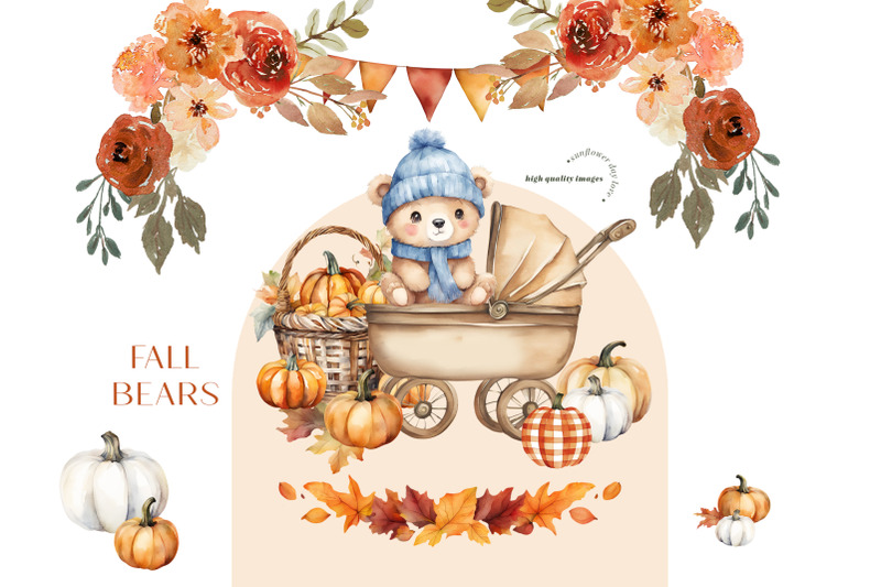 boho-fall-blue-cute-bear-clipart-rustic-pumpkin-woodland-animal