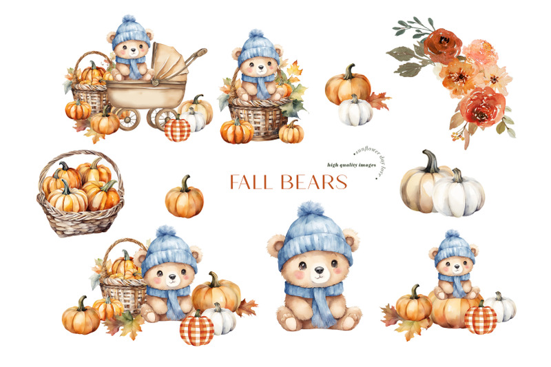 boho-fall-blue-cute-bear-clipart-rustic-pumpkin-woodland-animal