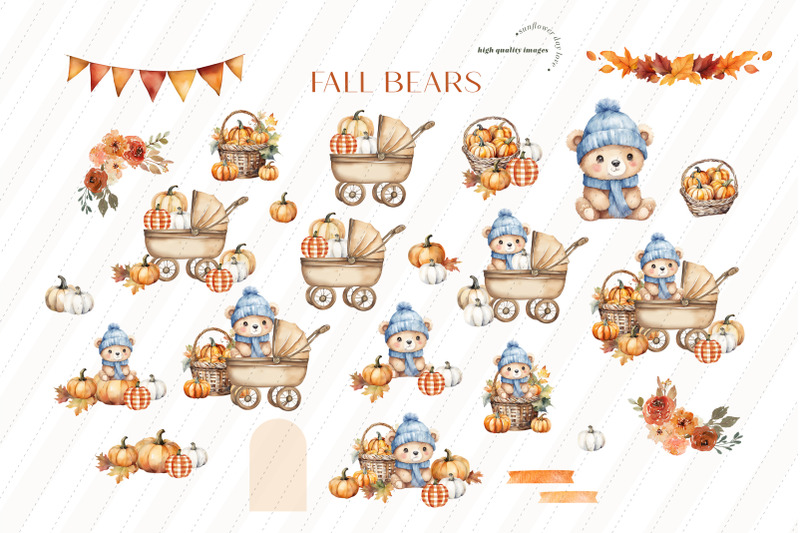 boho-fall-blue-cute-bear-clipart-rustic-pumpkin-woodland-animal