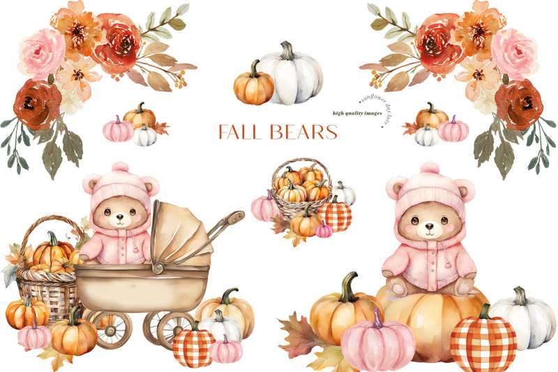 pink-cute-bear-boho-fall-clipart-rustic-pumpkin-woodland-animal