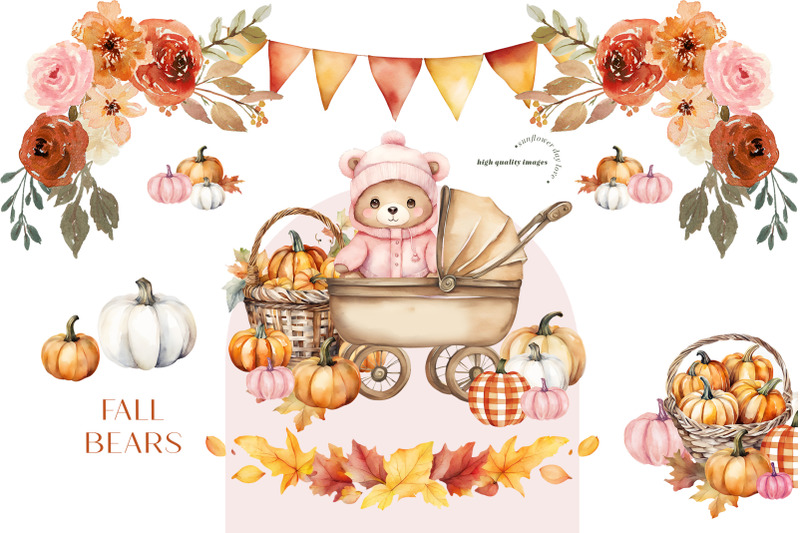 pink-cute-bear-boho-fall-clipart-rustic-pumpkin-woodland-animal