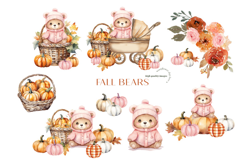 pink-cute-bear-boho-fall-clipart-rustic-pumpkin-woodland-animal