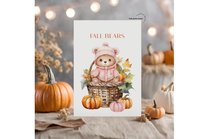 pink-cute-bear-boho-fall-clipart-rustic-pumpkin-woodland-animal