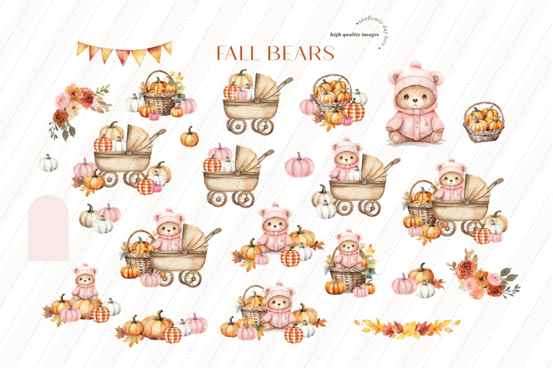 pink-cute-bear-boho-fall-clipart-rustic-pumpkin-woodland-animal