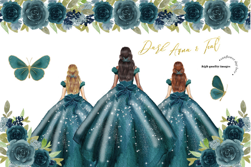 dark-aqua-amp-teal-princess-dresses-clipart-butterfly-quinceanera