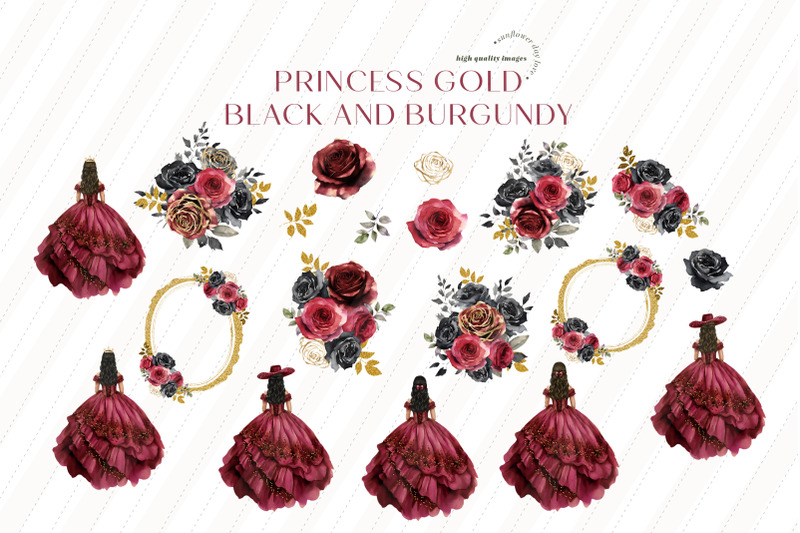 burgundy-red-princess-charra-dress-clipart-black-and-red-gold-flowers