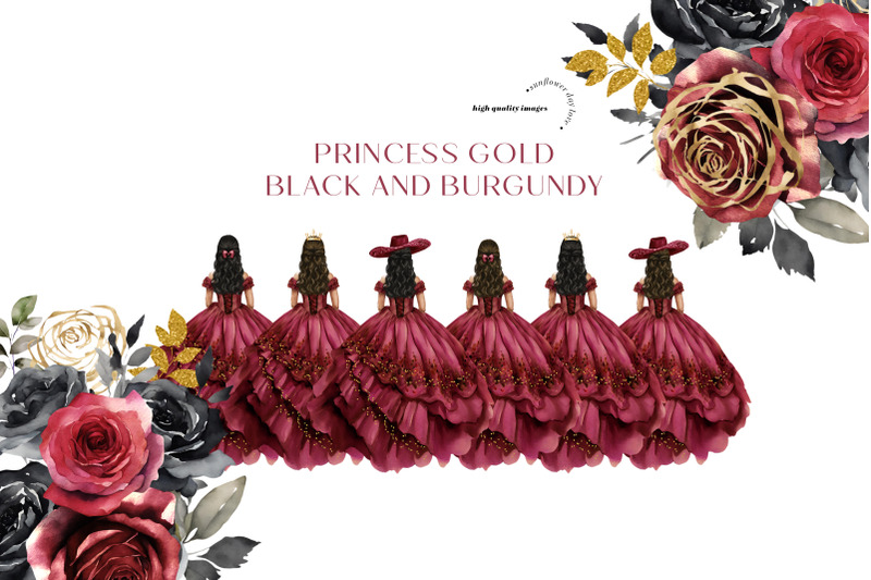 burgundy-red-princess-charra-dress-clipart-black-and-red-gold-flowers