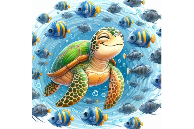 smiling-sea-turtle-surrounded-by-a-school-of-fish