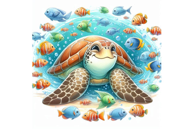 smiling-sea-turtle-surrounded-by-a-school-of-fish