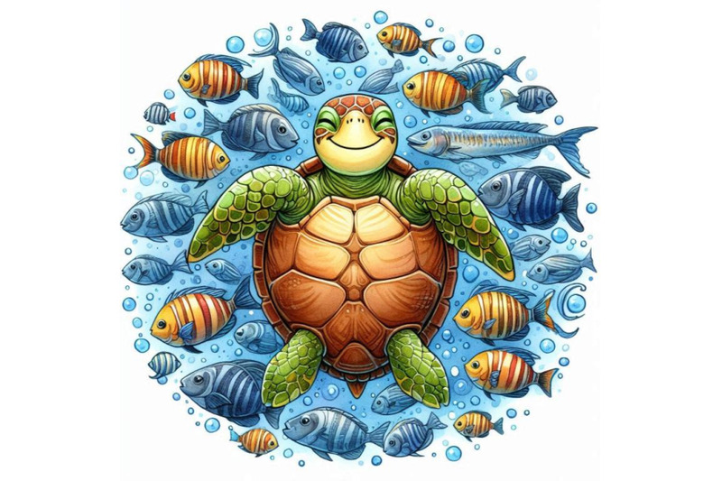 smiling-sea-turtle-surrounded-by-a-school-of-fish