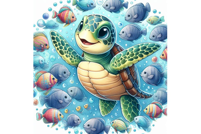 smiling-sea-turtle-surrounded-by-a-school-of-fish