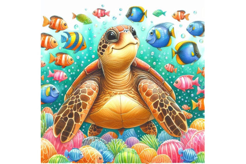 smiling-sea-turtle-surrounded-by-a-school-of-fish