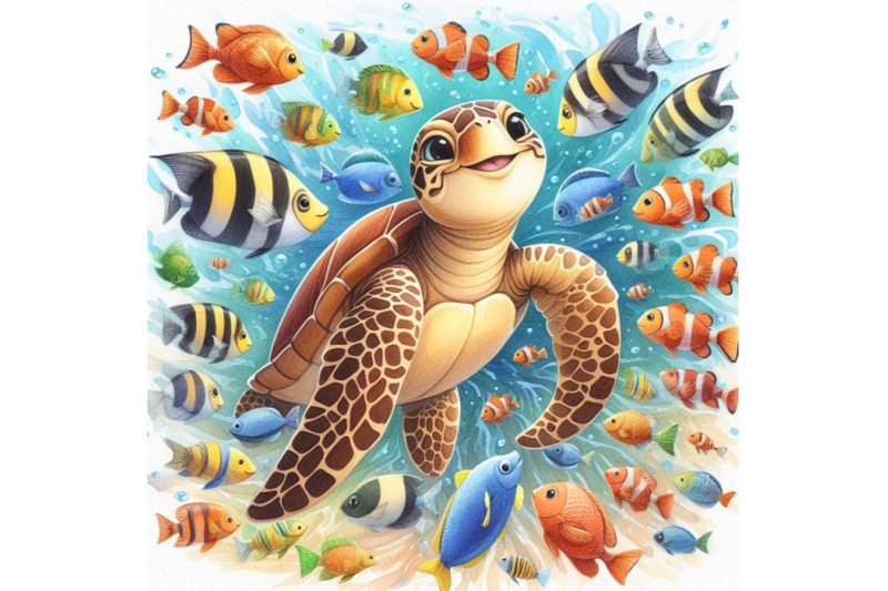 smiling-sea-turtle-surrounded-by-a-school-of-fish