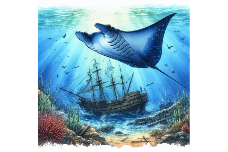 majestic-manta-ray-gliding-above-a-sunken-shipwreck