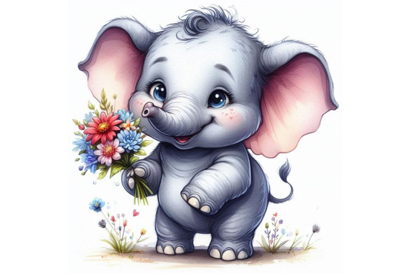 baby-elephant-with-a-big-smile-holding-a-tiny-bouquet-of-flowers