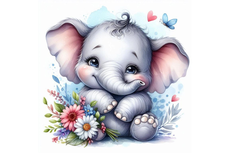 baby-elephant-with-a-big-smile-holding-a-tiny-bouquet-of-flowers