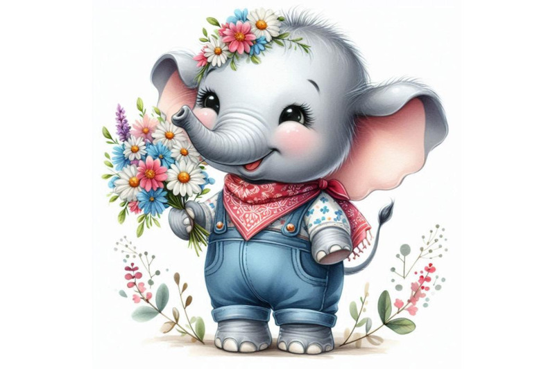 baby-elephant-with-a-big-smile-holding-a-tiny-bouquet-of-flowers