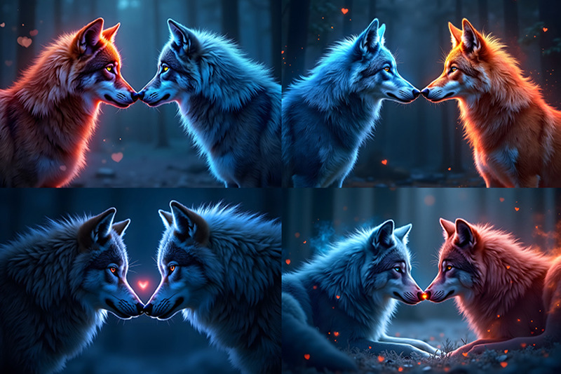 two-wolves-orange-and-blue-nuzzling-in-forest