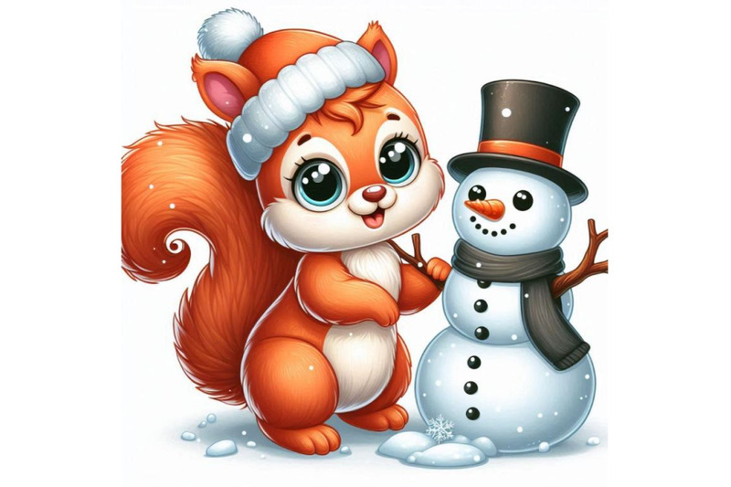 an-adorable-cartoon-squirrel-with-a-snowman