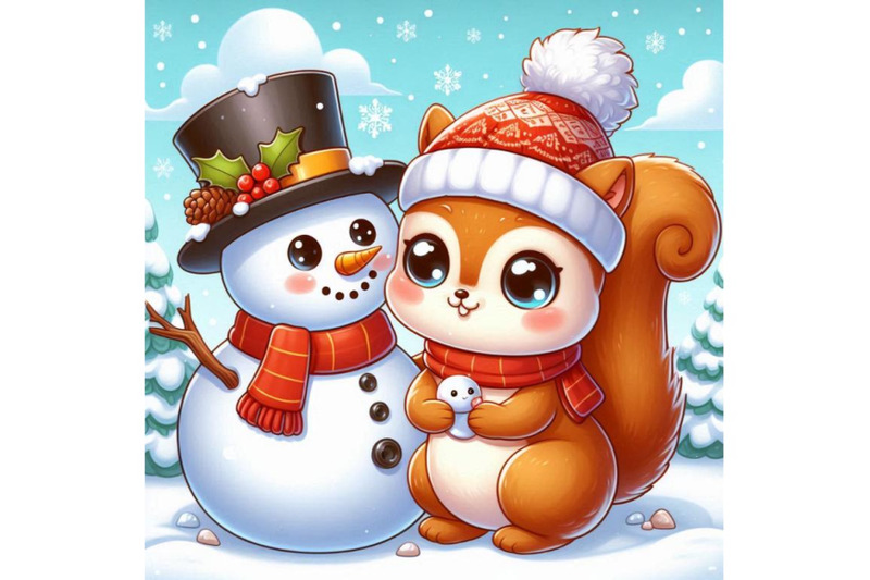 an-adorable-cartoon-squirrel-with-a-snowman