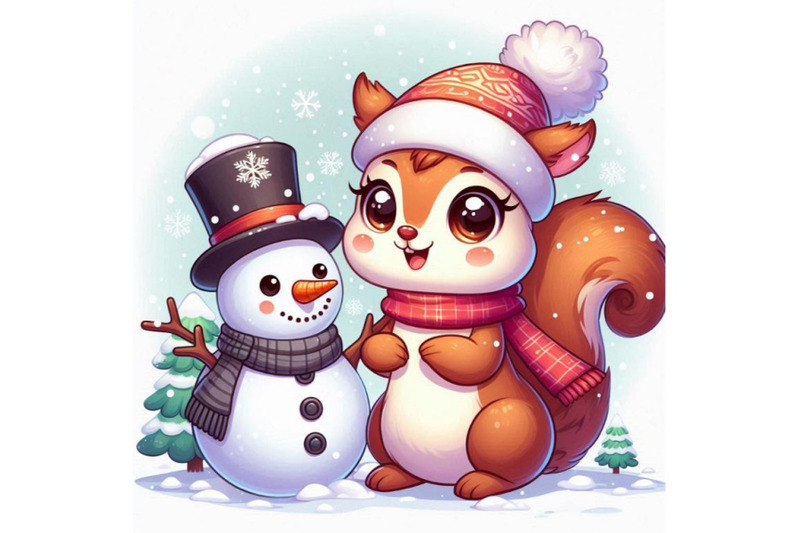 an-adorable-cartoon-squirrel-with-a-snowman