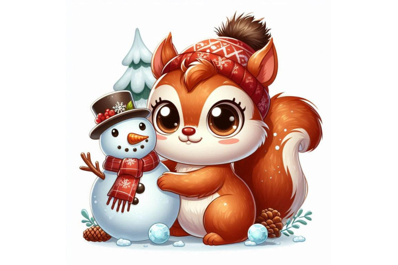 an-adorable-cartoon-squirrel-with-a-snowman