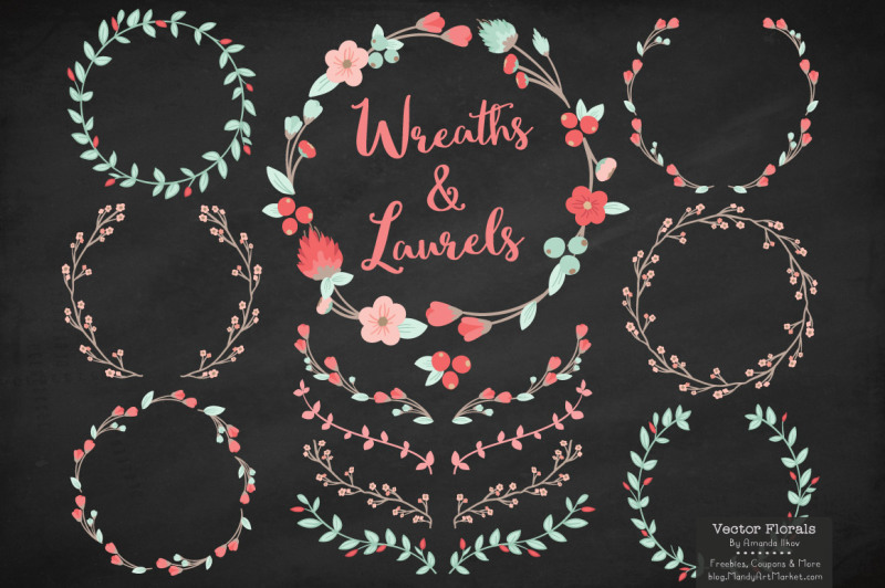 vector-floral-wreath-and-laurels-in-mint-and-coral