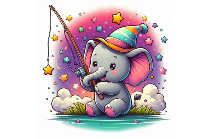 baby-elephant-holding-a-tiny-fishing-rod-catching-stars