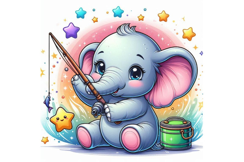 baby-elephant-holding-a-tiny-fishing-rod-catching-stars