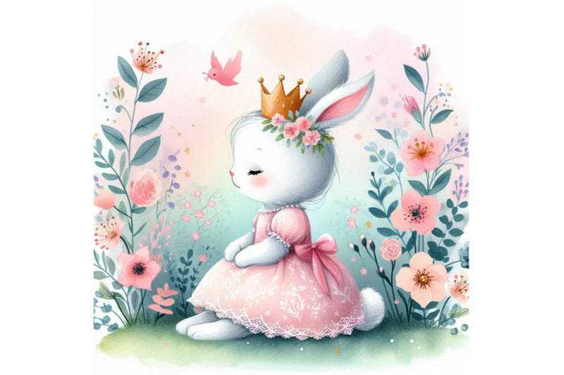 hand-drawn-baby-princess-bunny-sitting-in-a-garden-of-blooming-flower