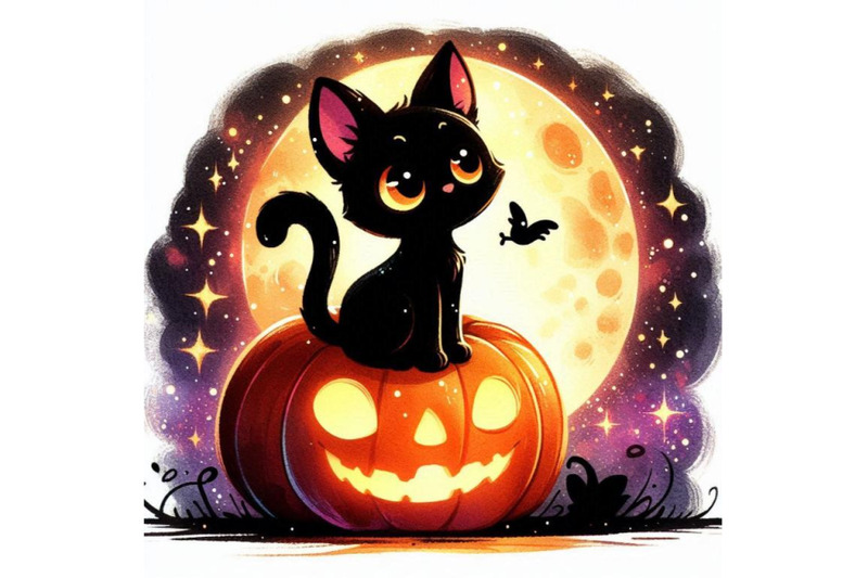 cartoonish-black-cat-sitting-on-a-glowing-pumpkin-under-the-moon