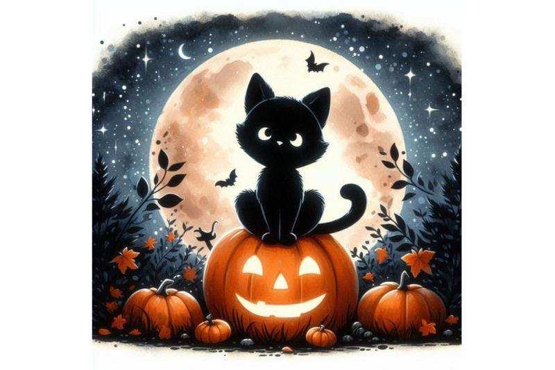 cartoonish-black-cat-sitting-on-a-glowing-pumpkin-under-the-moon