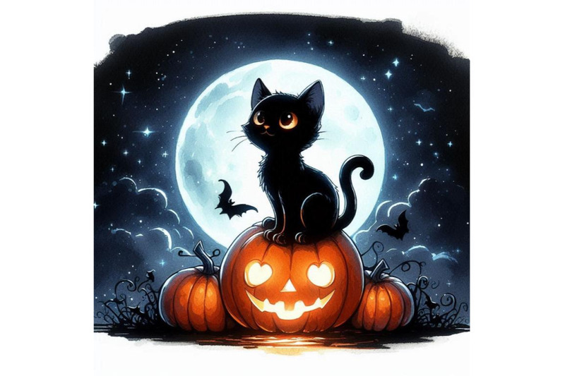 cartoonish-black-cat-sitting-on-a-glowing-pumpkin-under-the-moon